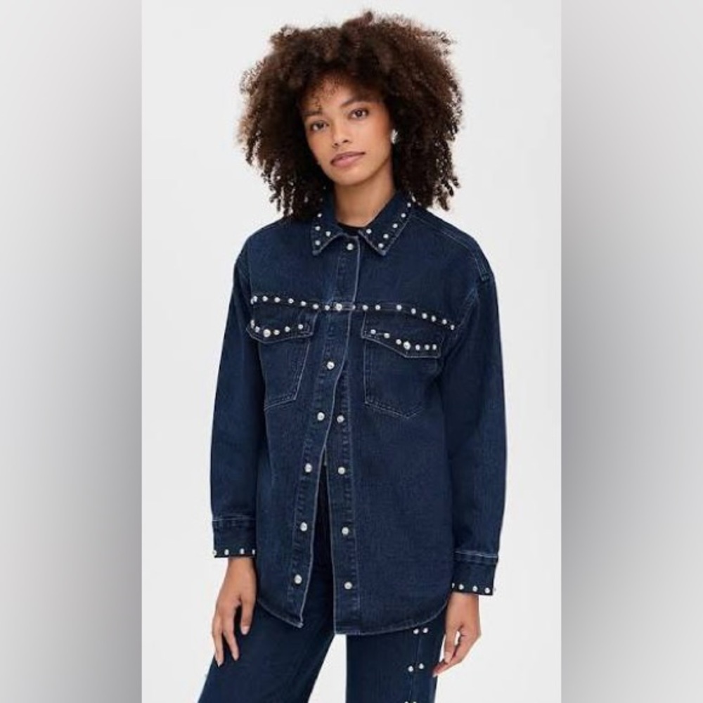 Moon River Snap Button Studded Denim Shirt Jacket